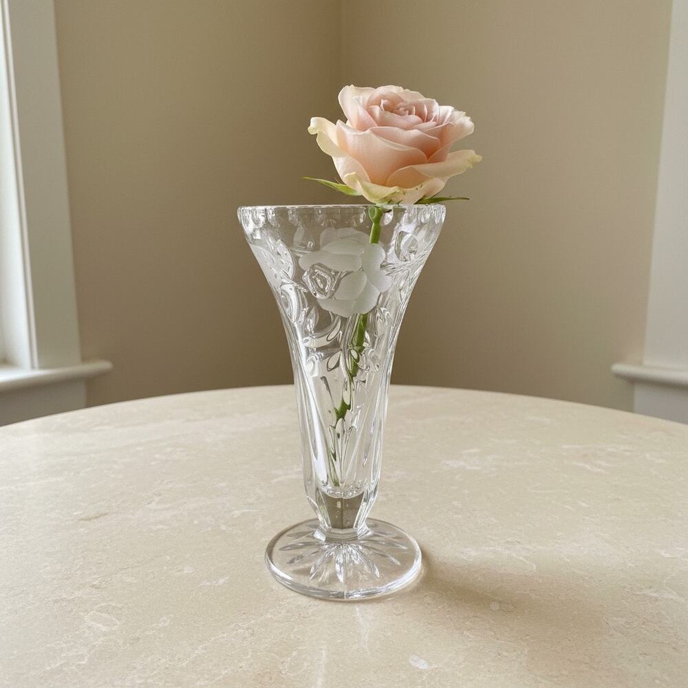 Vintage Anna Hutte Bleikristall Lead Crystal Etched Rose Vase-Germany-Bud-Floral